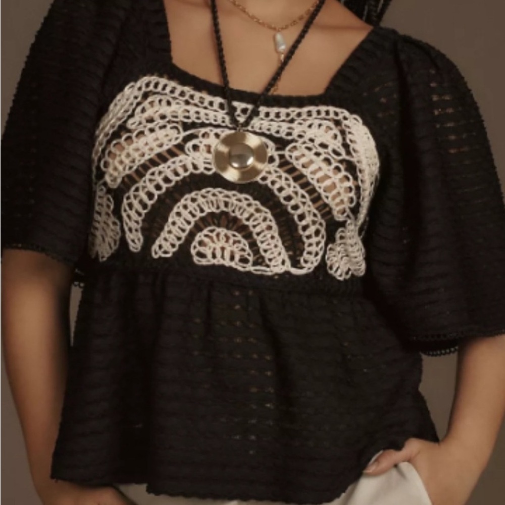 Anthropologie Sarah Hann Flutter sleeve crochet top.